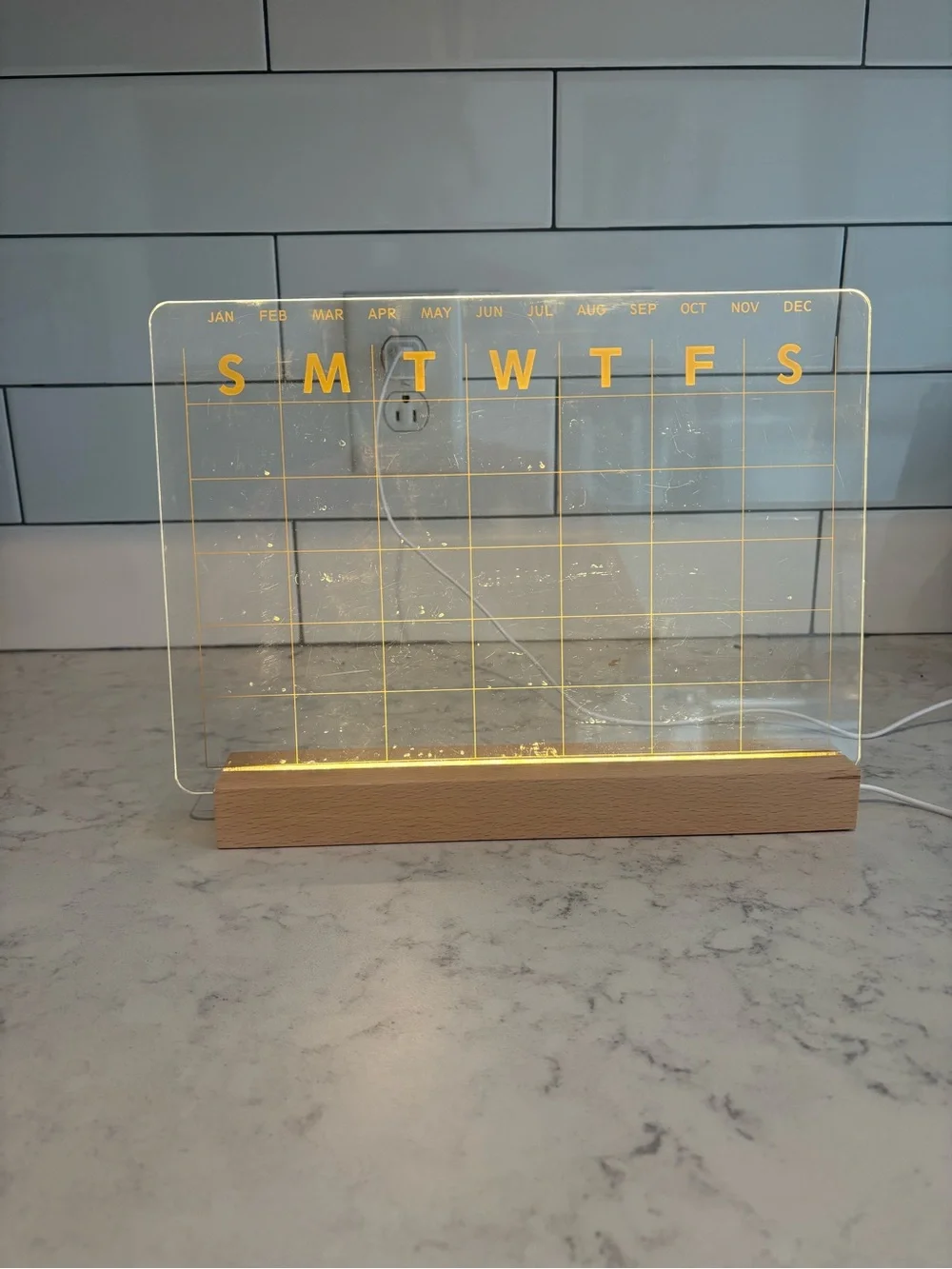 Acrylic Light Up Perpetual Calendar with Wood Stand - Gold Letters